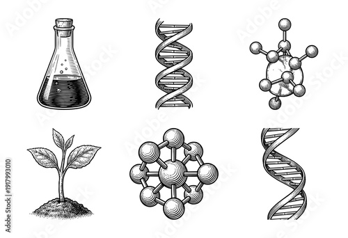 Vintage style hand drawn science and biology illustrations featuring DNA strands molecular structures and laboratory equipment
