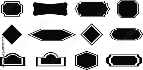 Collection of 12 unique black label shapes and designs