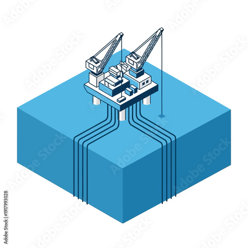 Isometric illustration of an offshore oil rig platform with cranes on a blue base.