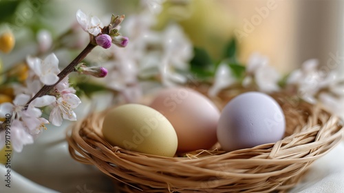 Decorative pastel eggs in woven basket with spring flowers  