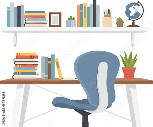 Office workspace with desk, chair, books, and plants isolated on transparent background