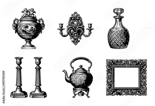 Collection of vintage black and white engraved illustrations featuring ornate home decor items including a vase, candelabra, decanter, kettle, and picture frame.