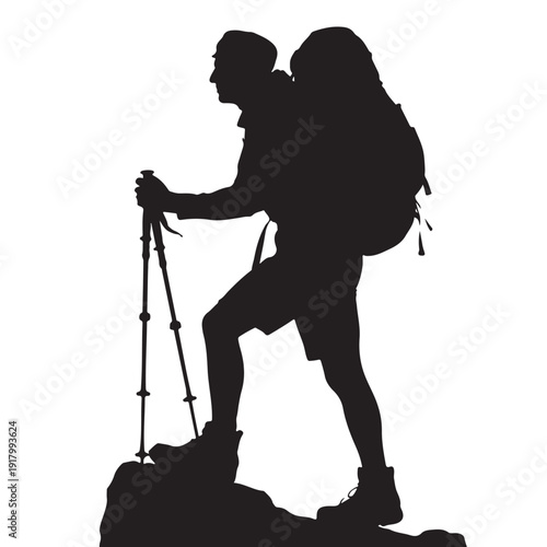 Hiker with Backpack and Trekking Poles in Silhouette on Rocky Terrain in Dramatic Black and White for Outdoor Adventure