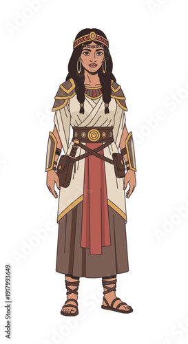 Cartoon female warrior character wearing ancient armor and accessories  