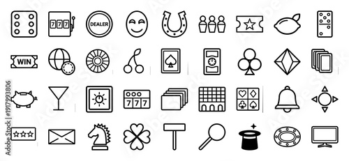 Casino and gambling line icon set. Vector pictograms of dice, slot machine, poker cards, roulette, cherries, horseshoe, prize ticket and money, thick outline illustration.