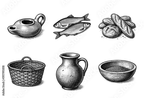 Vintage woodcut illustration collection of rustic mediterranean life featuring clay pottery, wicker basket, fresh fish, artisan bread, and grain bowl.