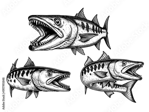 Barracuda open jaw engraving illustration ocean predator art