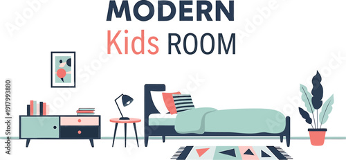 Modern kids room interior vector illustration, featuring bed, desk, chair, and plant, isolated on transparent background.