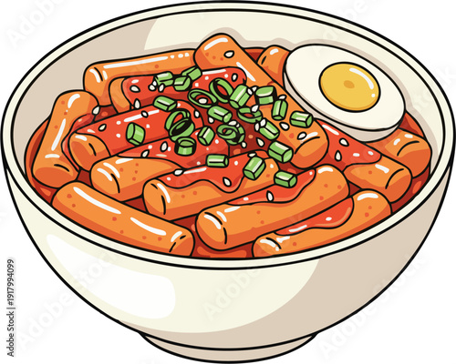 Cartoon Illustration of Korean Tteokbokki Rice Cake in Spicy Gochujang Sauce with Boiled Egg and Green Onion in White Bowl, Asian Street Food Vector Art