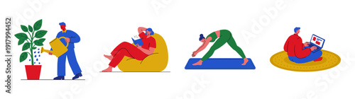 Flat Vector Lifestyle Activities Graphic Set for Wellness and Remote Work Conceptual Design