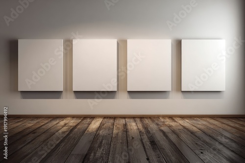 Four blank canvas panels, mounted on a neutral wall, above a textured wooden floor