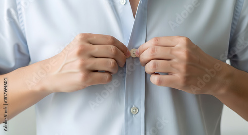 Close-up of man's hands fastening buttons on a shirt