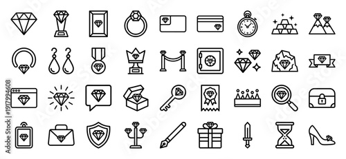 Jewelry and luxury line icon set. Vector pictograms of diamond, ring, earrings, crown, trophy, gold bars, safe, medal, and treasure chest, thick outline illustration.