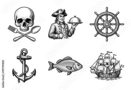 Vintage nautical and maritime engraving collection featuring pirate skull, captain waiter, ship wheel, anchor, fish, and sailing vessel in black and white line art style.