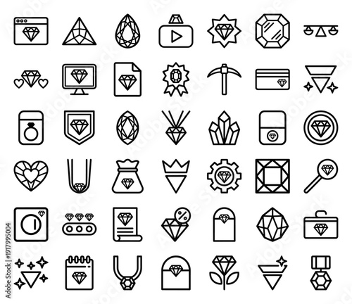 Diamond and gemstone line icon set featuring vector pictograms of jewelry, rings, crystals, necklaces, mining tools, and certificates in a thick outline illustration.