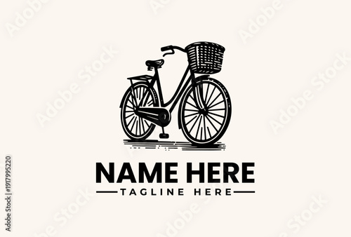 A black and white illustration of a bicycle with a basket, accompanied by placeholder text for a name and tagline on a plain background, featuring a logo and pictogram design.