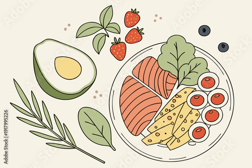 Zdrowe śniadanie na talerzu, łosoś i ser z warzywami oraz awokado, prosta dieta i zbilansowany posiłek w stylu rysunkowym.