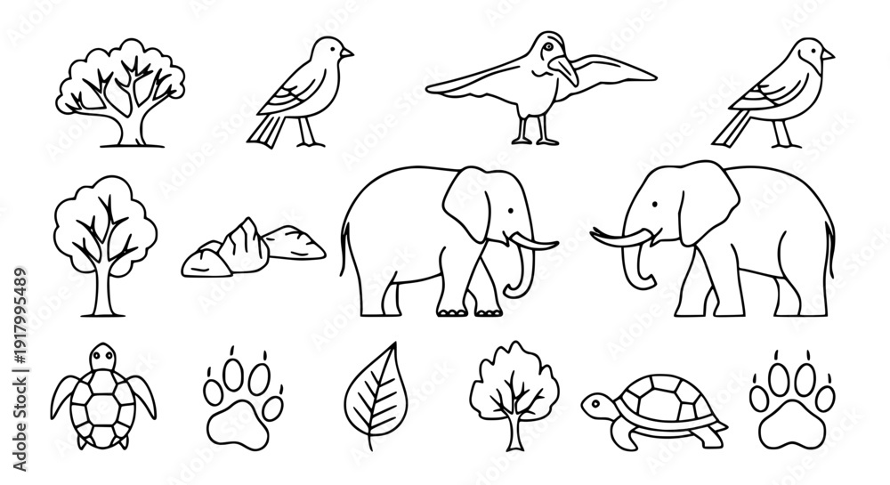 Fototapeta premium Wildlife icon set vector, elephant, bird, turtle, tree, leaf, paw print, black and white line art