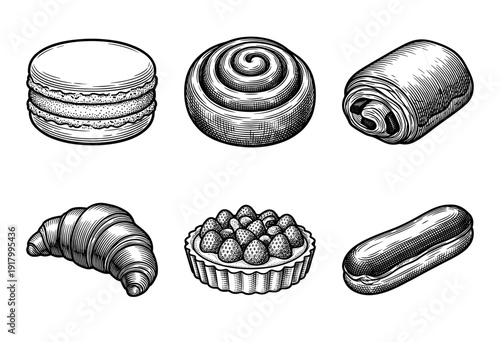 Set of vintage woodcut style French bakery pastries and desserts featuring croissant macaroon and strawberry tart illustrations.