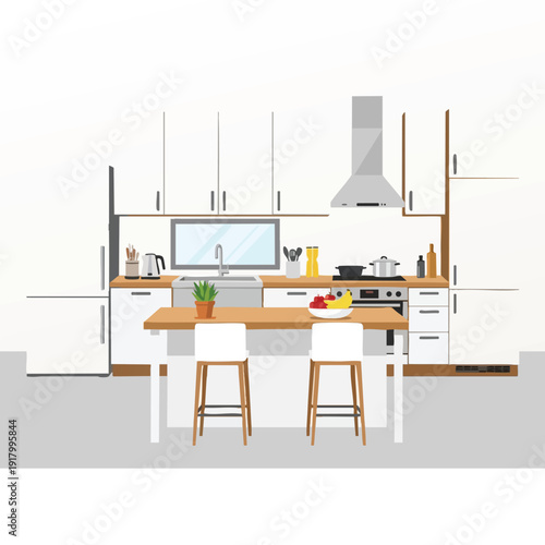 Modern Minimalist Kitchen Interior with Cooking Area and Barstools
