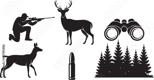 Collection of hunting silhouettes featuring a hunter deer binoculars and a bullet with pine trees