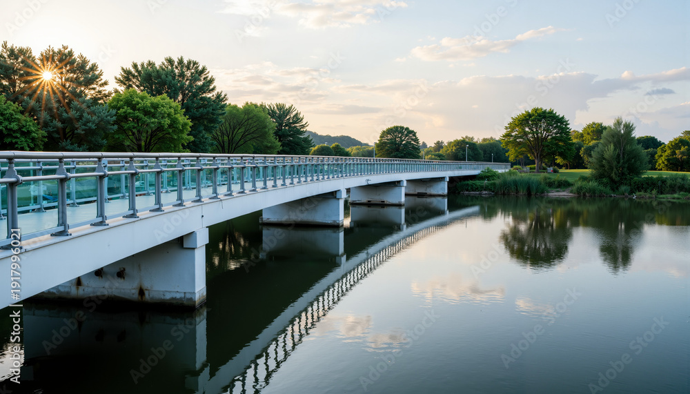 Obraz premium Modern bridge reflecting in calm river at sunset in lush park 