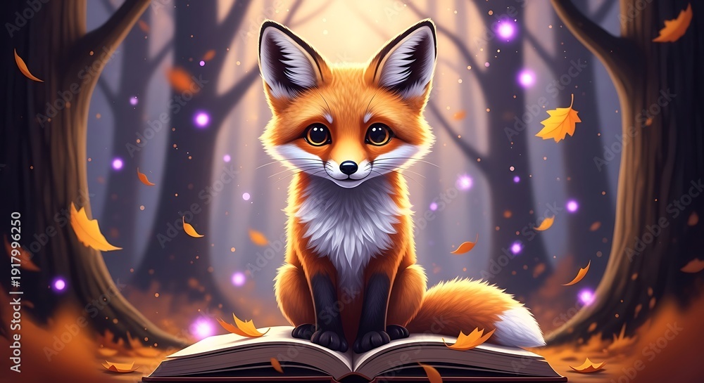 Fototapeta premium A cute fox sits on a book in a whimsical forest, autumn leaves and lights surround it