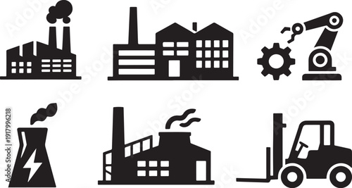 Industrial icons depicting factories power machinery and construction equipment