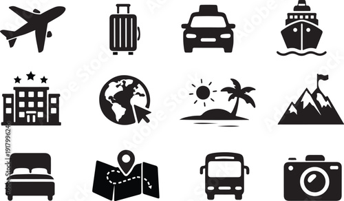 Travel and transportation icons airplane ship car hotel and various destinations