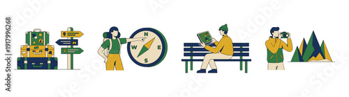 Flat Vector Travel and Outdoor Exploration Illustration Graphic Set for Adventure Tourism Branding