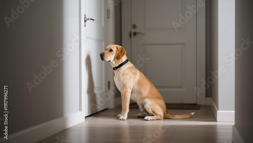 Lonely labrador retriever sitting by open door in modern hallway