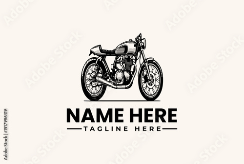 A black and white vector illustration of a motorcycle with a placeholder name and tagline on a clean background, featuring a logo and pictogram design.