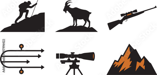 Collection of outdoor icons featuring a mountain climber, goat, rifle, scope, mountains, and directional arrows