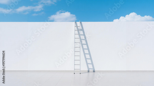 White ladder leaning against wall reaching sky with blue clouds