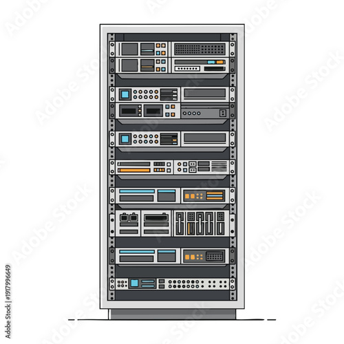 Modern Data Server Rack with Network and Storage Equipment for Data Management