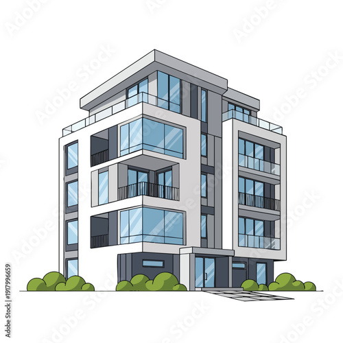 Modern Residential Apartment Building with Large Windows and Stylish Design