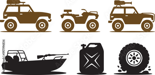Hunting expedition equipment features off road vehicles, an ATV, a boat, fuel can, and tire