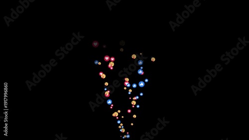 Animated stream of social media reactions against on black background. upward stream of like, love, care reacts and emojis. Social media concept reacting to a positive viral post