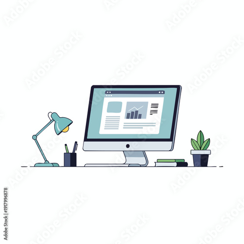 Modern workspace with desktop computer desk lamp and plant for productive office environment