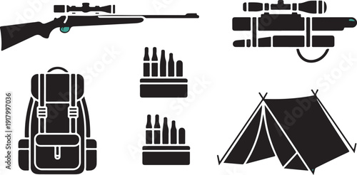 Icons of hunting and camping equipment showing a rifle backpack bullets and a tent