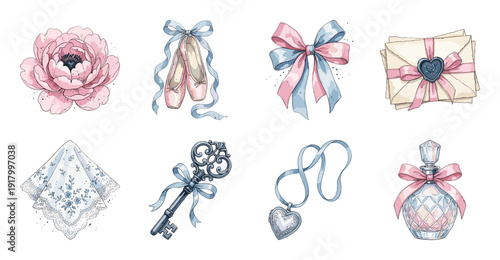 Coquette Aesthetic Clipart Set, Romantic Vintage Vector Elements