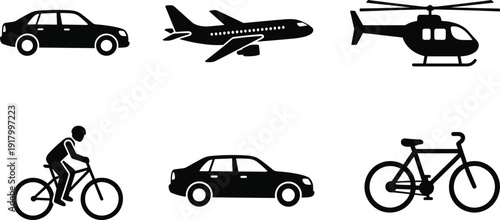 Transportation vehicle silhouette set, car airplane helicopter bicycle icons isolated on white background vector illustration collection