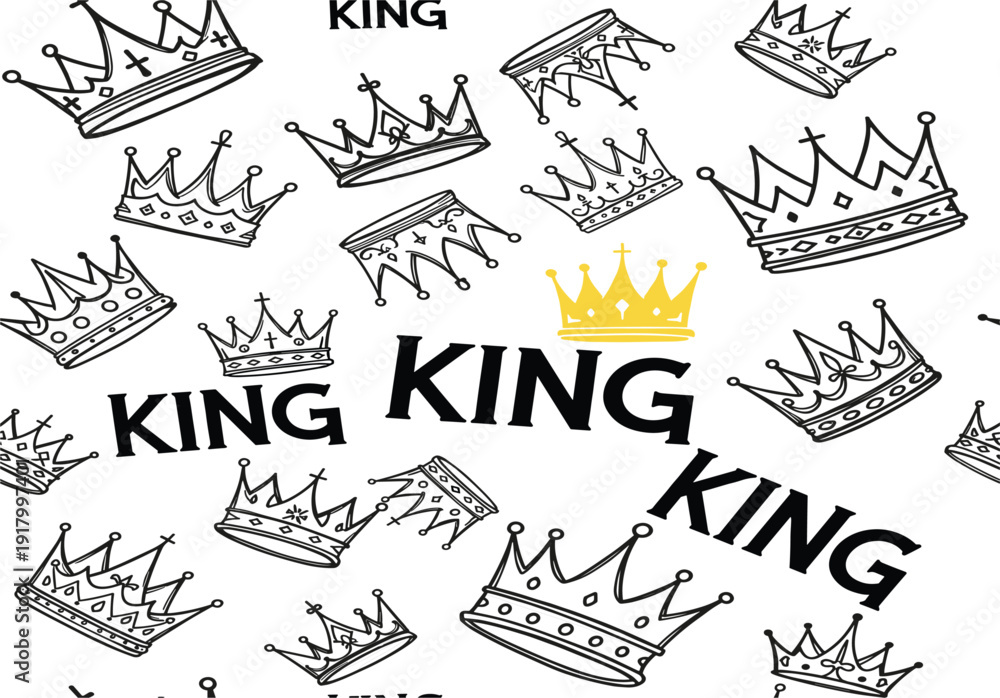 Fototapeta premium Seamless Pattern of Hand- Drawn Crowns and the Word KING on White Background king royalty