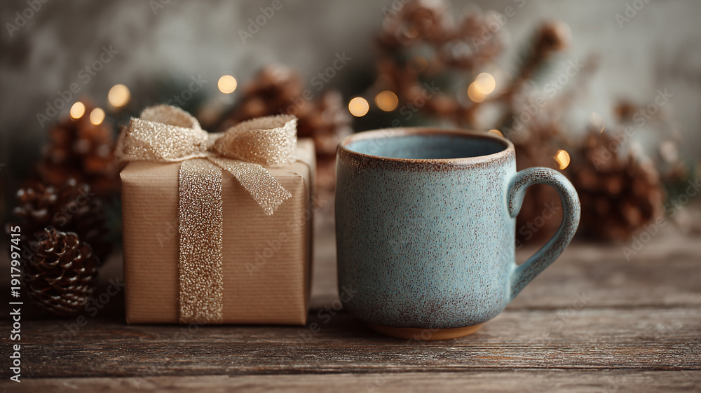 Fototapeta premium festive wrapped gift box with ribbon beside a ceramic coffee mug on a wooden background