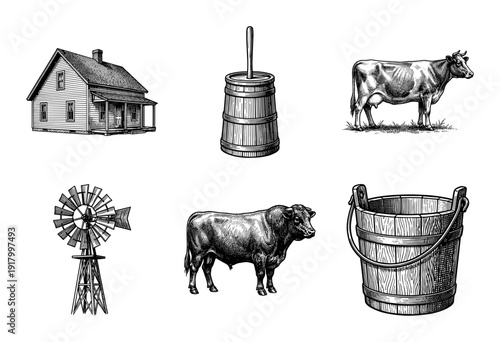Vintage farm and livestock engraving set featuring a farmhouse, dairy cow, bull, windmill, butter churn, and wooden bucket in a classic woodcut style.