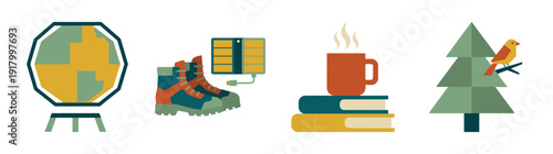 Flat Vector Outdoor Exploration and Cozy Reading Graphic Set for Travel and Education Themes