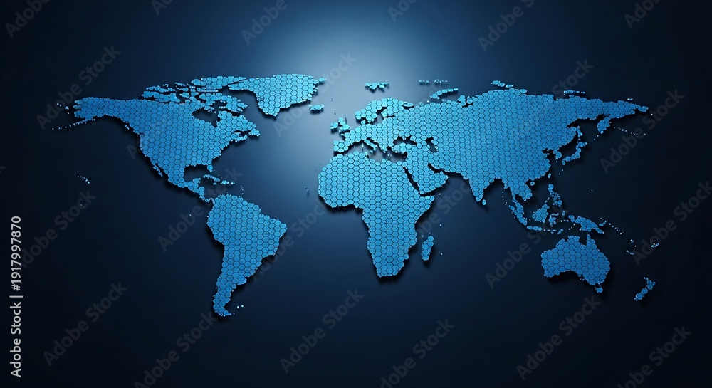 Fototapeta premium A digital map of the world rendered in blue hexagonal tiles on a dark gradient background