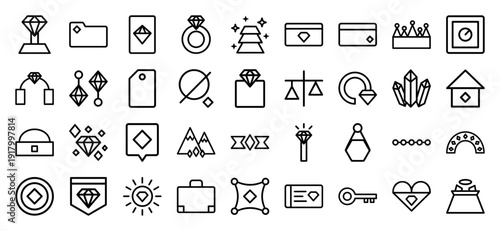 Jewelry and gemstone line icon set. Vector pictograms of diamond, ring, necklace, crown, gold bars, crystal, earring, and bracelet, thick outline illustration.