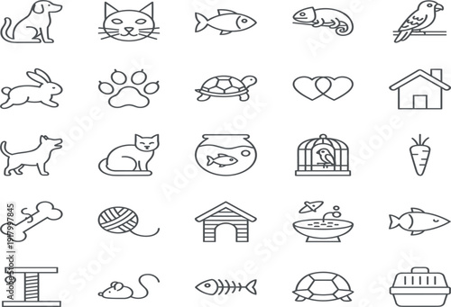 Collection of Line Art Icons Representing Pets and Pet Care Items animal symbol