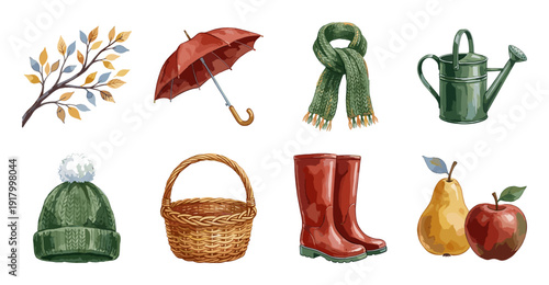 Autumn Lifestyle Elements Set, Watercolor Style Vector Illustration